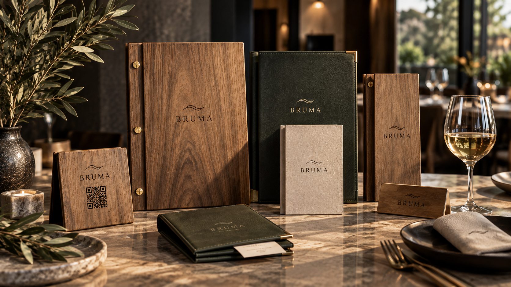 Cartas de menú de Grafic a la Carta: carta en madera con remaches, cartas en piel con cantoneras y atril de mesa con código QR grabado, sobre una mesa de restaurante
